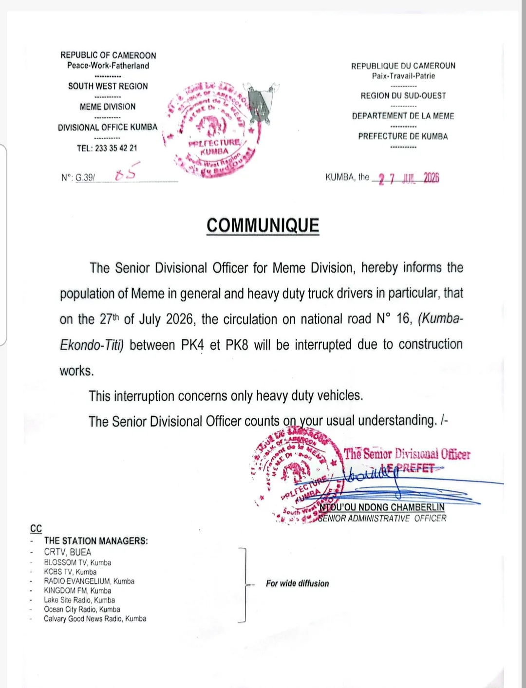 Prefectoral order suspending circulation  of heavy duty trucks on potion of Kumba-Ekondo Titi road by Meme SDO