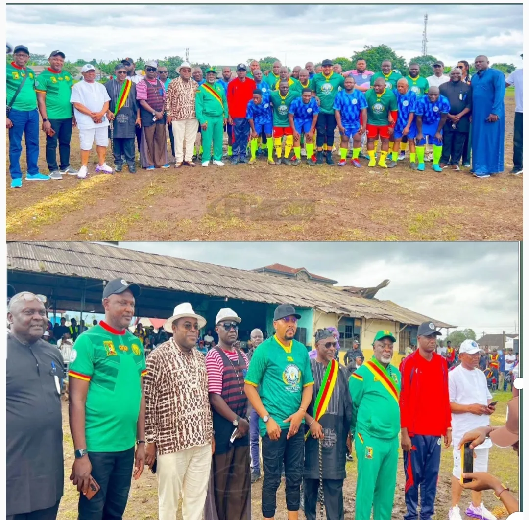 Group picture at the just ended Champion of Champions football tournament in Tiko. Present on the picture are former indomitable lions players, organizers as well as the mayor of Tiko municipality were