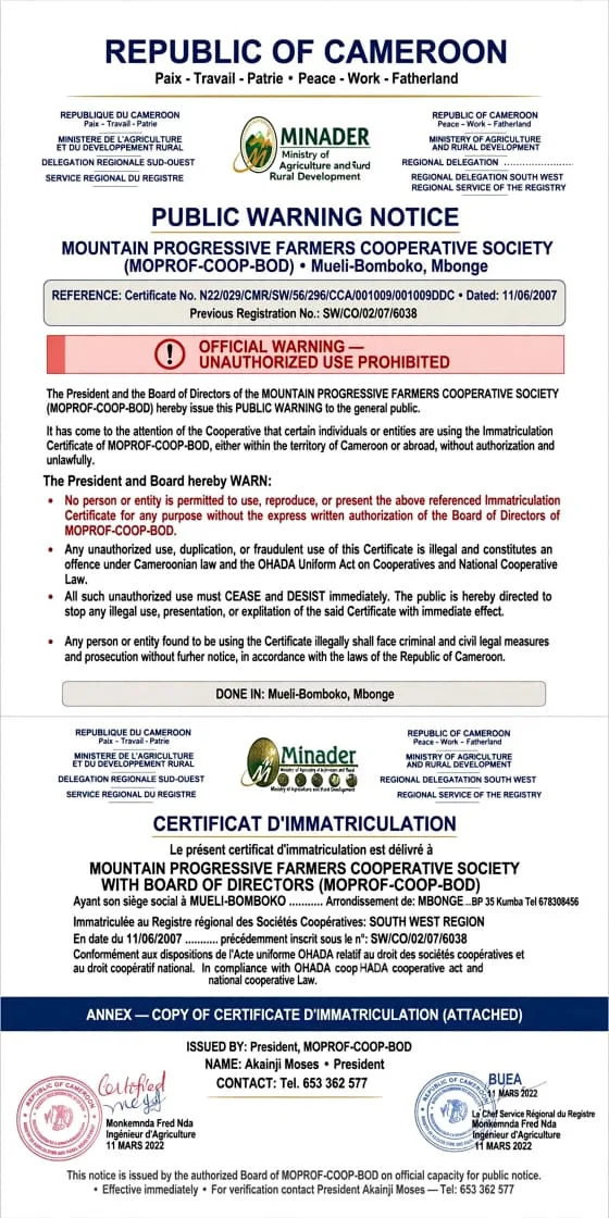 The Mountain Progressive Farmers Cooperative Society (MOPROF-COOP-BOD) Warns Public Against Illegal Use of Cooperative Certificate