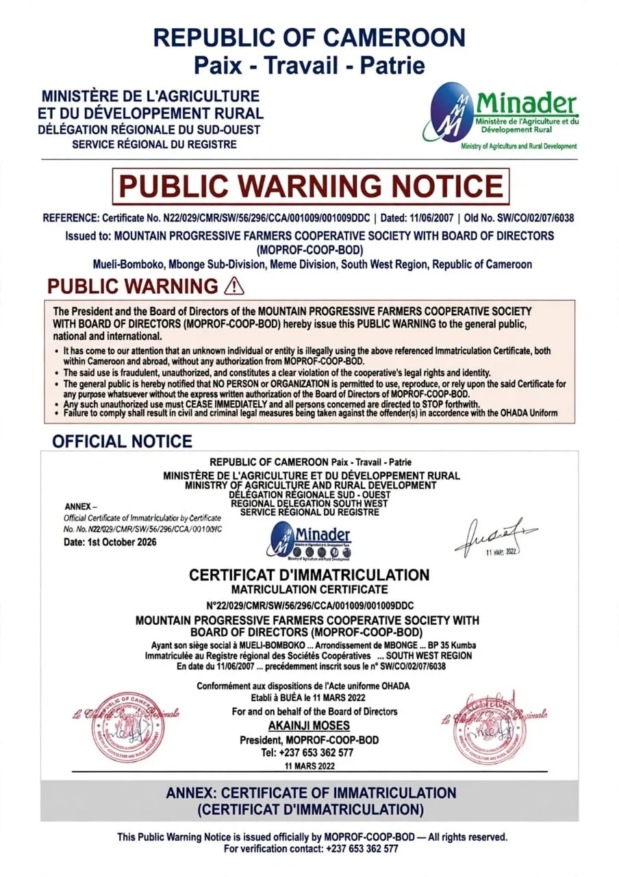 The Mountain Progressive Farmers Cooperative Society (MOPROF-COOP-BOD) Warns Public Against Illegal Use of Cooperative Certificate